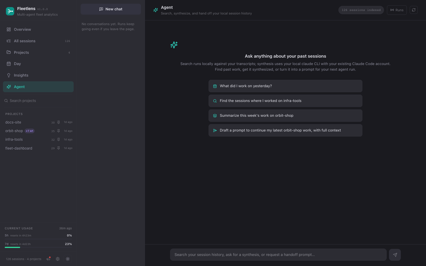 Agent chat page with suggested prompts and the conversation rail