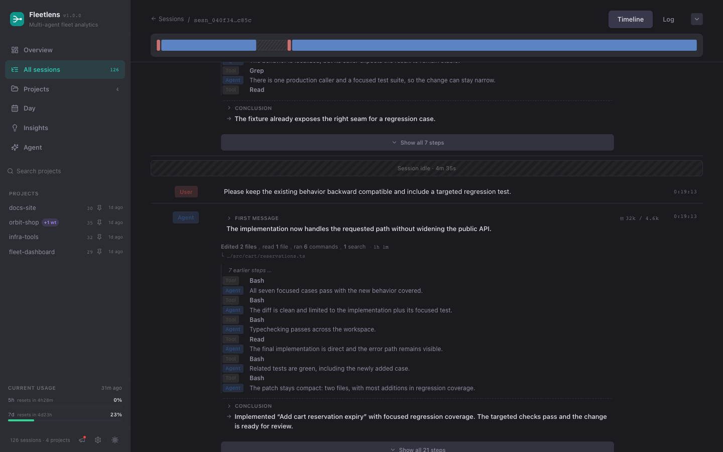 Fleetlens session detail with sticky header stats, collapsed turns, and tool-call cards