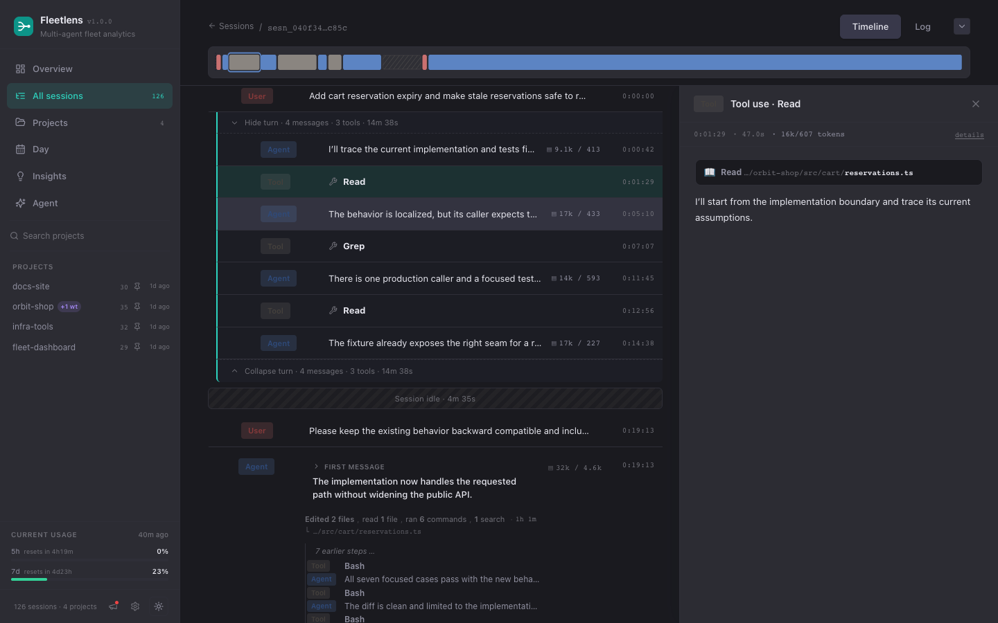 Event inspector drawer open beside the transcript, showing a tool call's timing, tokens, and content