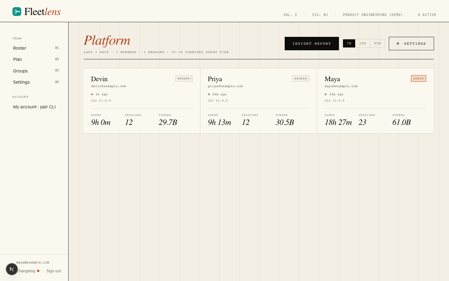 Group detail page with its roster, combined stats, and the Insight report button
