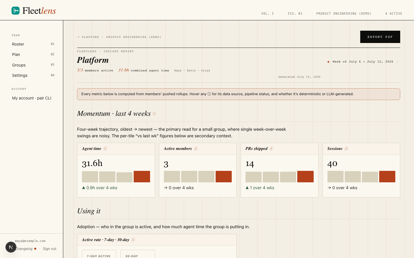Group insight report header with momentum trend cards and metric provenance badges