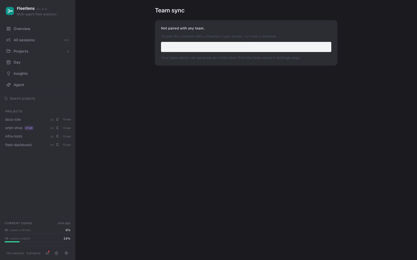 Fleetlens Team page before pairing, showing the join command and invite-token guidance